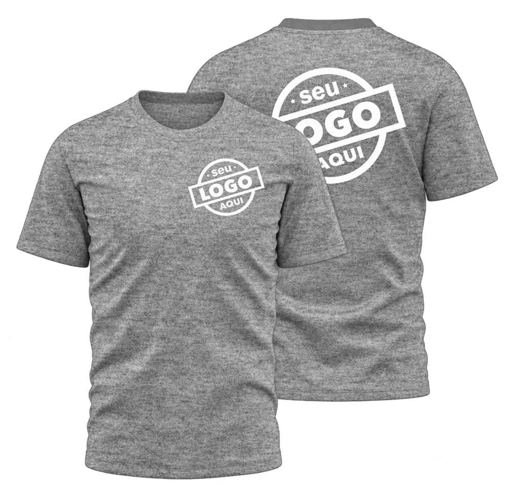 Camisetas cinza com exemplo de personalização na frente e nas costas